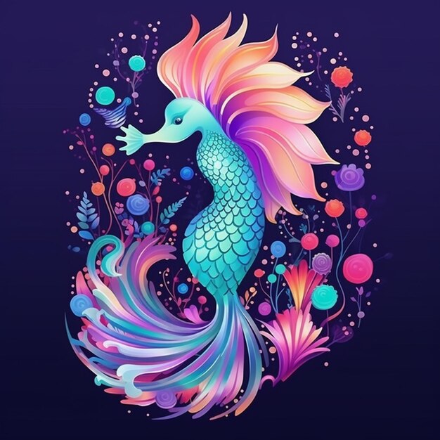 A colorful mermaid with long hair and colorful flowers generative ai