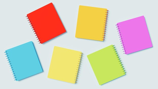 Colorful messy notebooks on work table diversity and classes theme 3d illustration