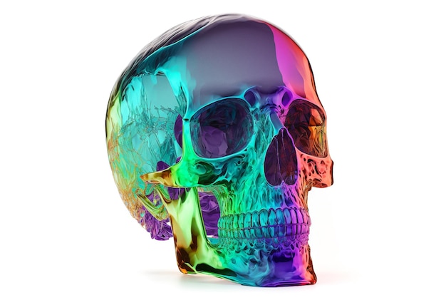 흰색에 고립 된 다채로운 금속 변색 인간의 두개골 Generative AI