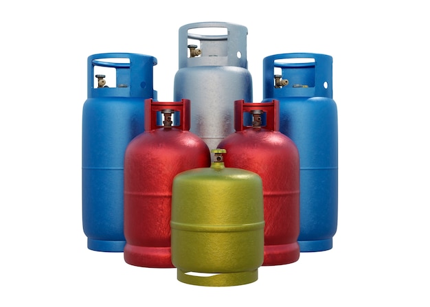 Photo colorful metallic oxygen tanks arrangement