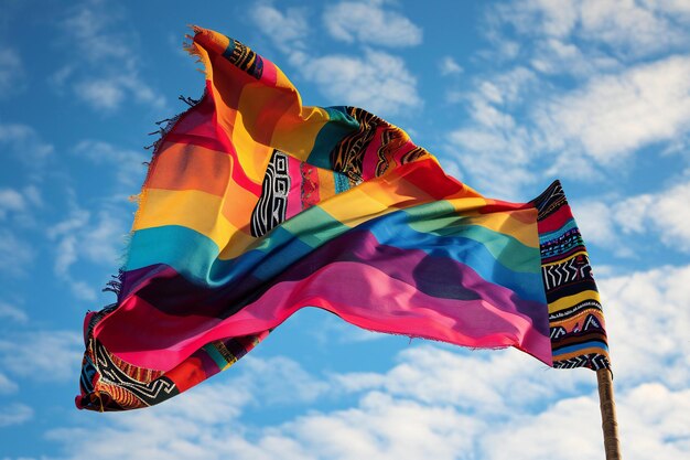 Photo colorful mexican flag waving in the wind on blue sky background