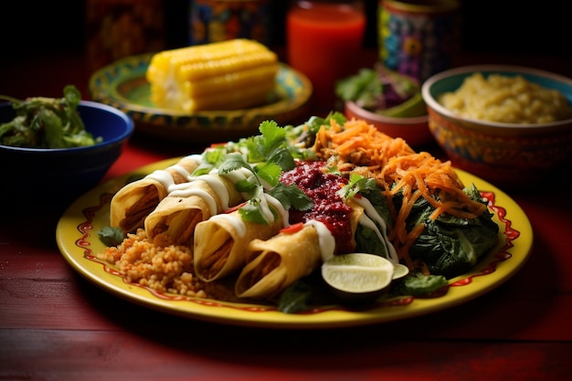 A colorful mexican food buffet with tacos enchiladas and tamales