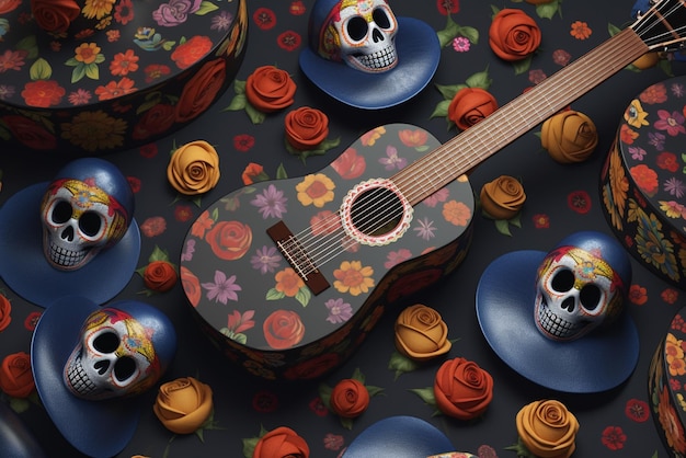 A colorful mexican guitar with a skull on it