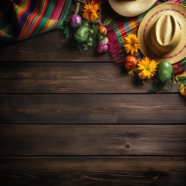 A colorful mexican hat and a blanket with a mexican hat on a wooden table