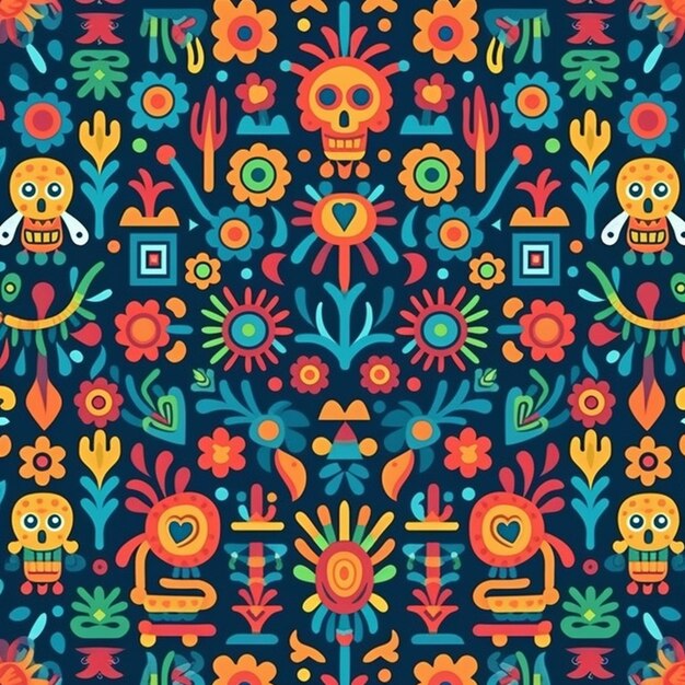 Photo a colorful mexican pattern with skulls and flowers generative ai