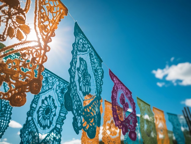 다채로운 멕시코 천공 파펠 피카도 배너 축제 다채로운 종이 화환 멀티 컬러 히스패닉 민속 조각 조직 플래그 휴일 또는 카니발