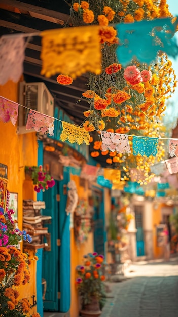 Colorful Mexican Street Decorated with Festive Flowers and Papel Picado