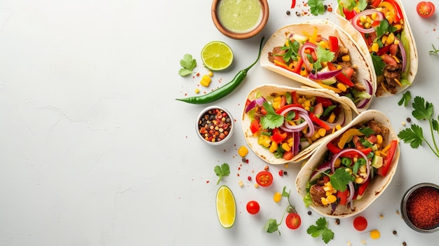 Colorful Mexican Tacos With Fresh Vegetables and Chicken on a White Background