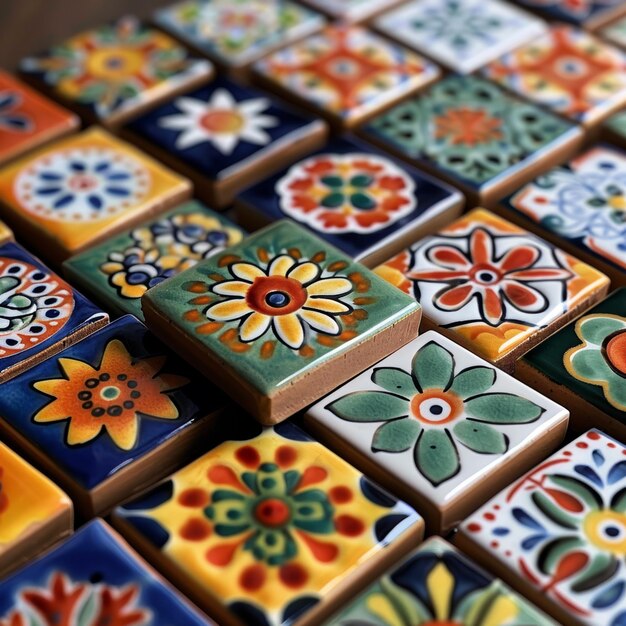 Colorful Mexican Talavera Tiles with Intricate Handmade Designs and Artisanal Patterns