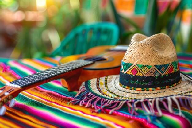 Foto elementi tradizionali messicani colorati come la chitarra sombrero e i colori sono su un tavolo in una strada