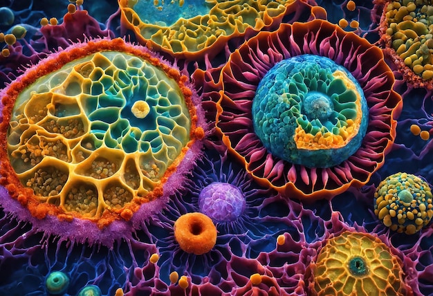 Colorful microorganism cells close up illustration in high details for medical education and science ai generative