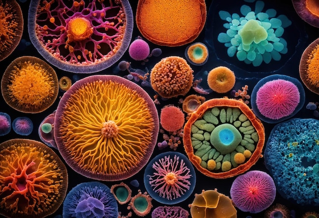 Foto cellule di microrganismi colorati illustrate in dettaglio per l'istruzione medica e scientifica