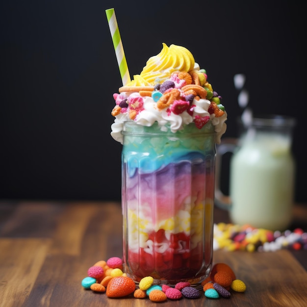 Colorful milkshake in glass on wooden table copy space