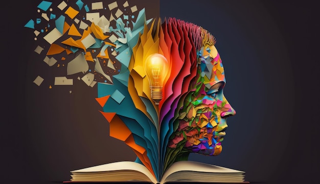 Photo colorful mind on books ideas and knowledge concept illustration generative ai