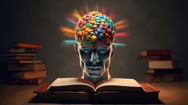 Photo colorful mind on books ideas and knowledge concept illustration generative ai