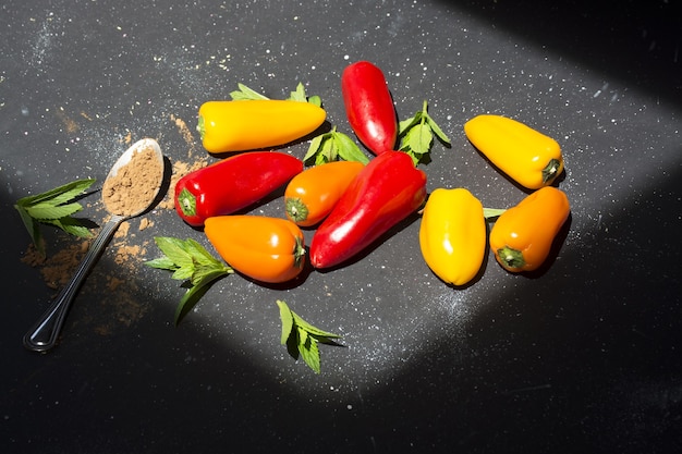 Colorful mini peppers on black sunny background. Above view of yellow, red and orange peppers.