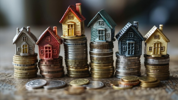 Photo colorful miniature houses on increasing coin stacks concept