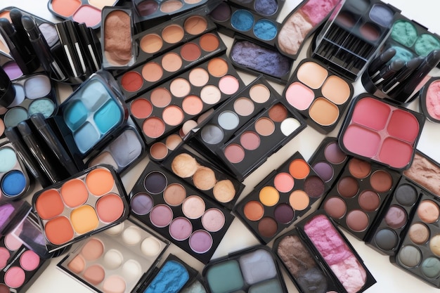 Colorful mix of eye shadows blushes and lipsticks created with generative ai