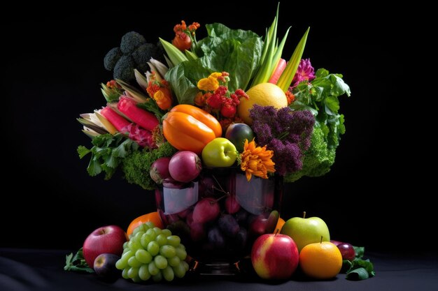 Colorful mix of fruits and vegetables in a modern vase created with generative ai