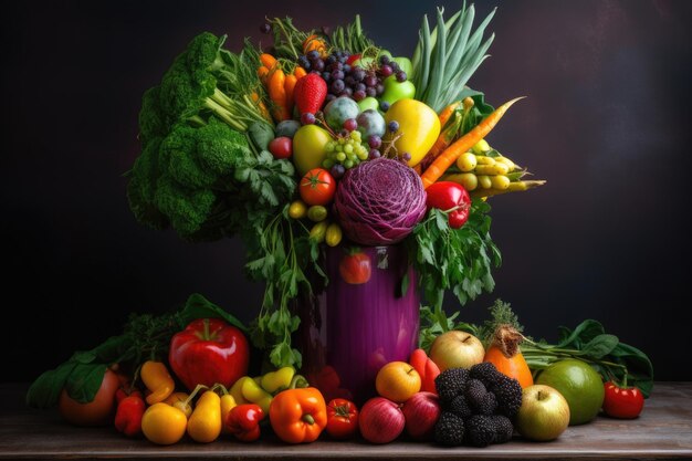 Photo colorful mix of fruits and vegetables in a modern vase created with generative ai