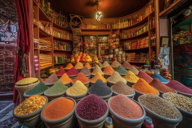 Colorful mix of fruits vegetables and spices at exotic market created with generative ai