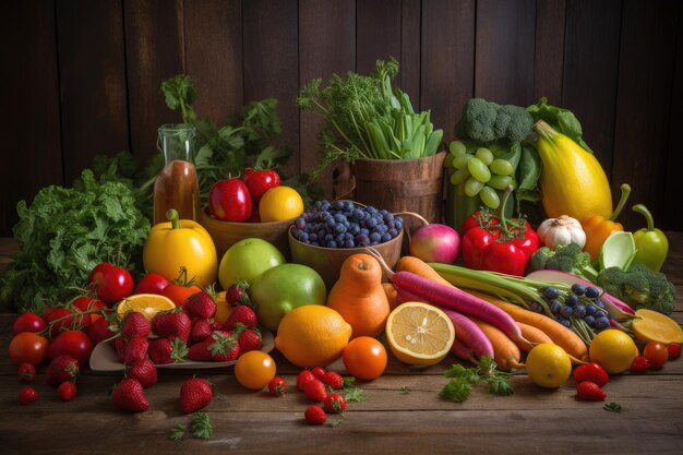 A colorful mix of fruits and vegetables on a wooden table created with generative ai