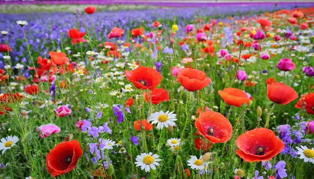 Photo colorful mixed flower field with red poppies and purple daisies