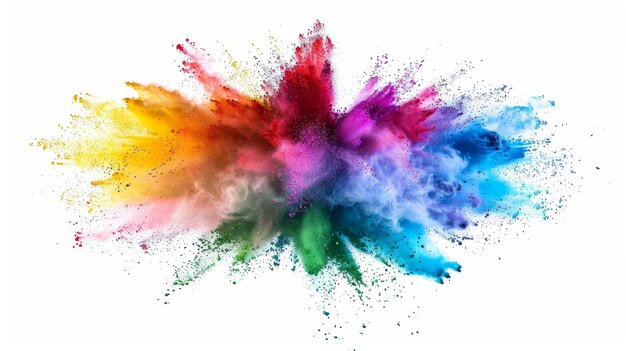 Colorful mixed rainbow powder explosion isolated on white background