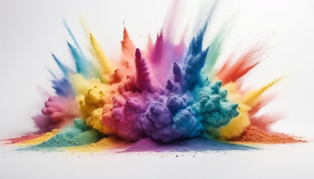 Colorful mixed rainbow powder explosion isolated on white background