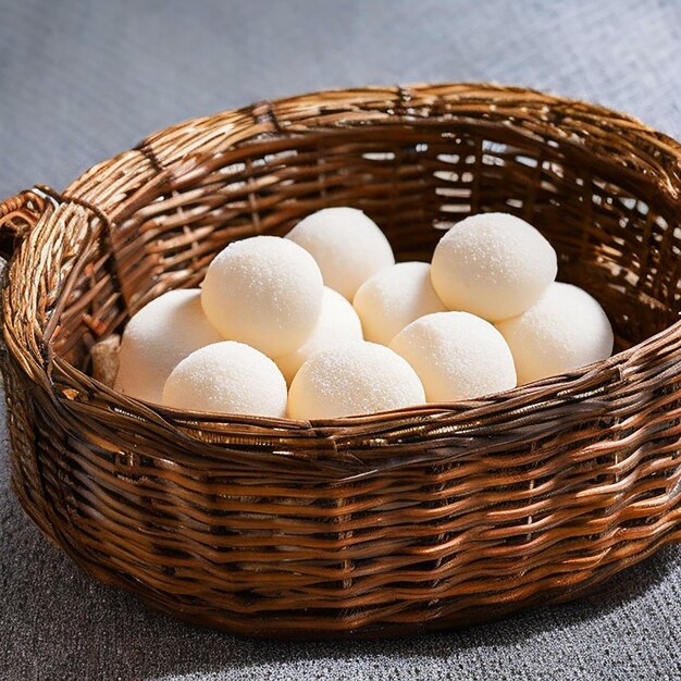 colorful Mochi in a black wicker basket white background