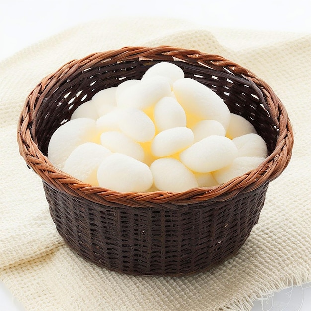 colorful Mochi in a black wicker basket white background