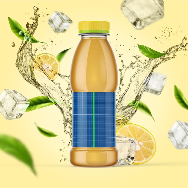 Colorful mock-up of bottles on simple fruits and ice splashing backround. Plastic bottle for juice or ice tea with lemon and mint