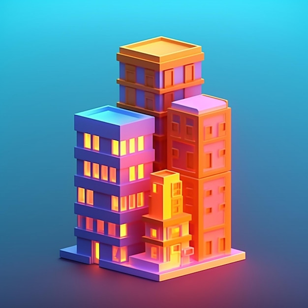 파란색 배경을 가진 건물의 화려한 모델.