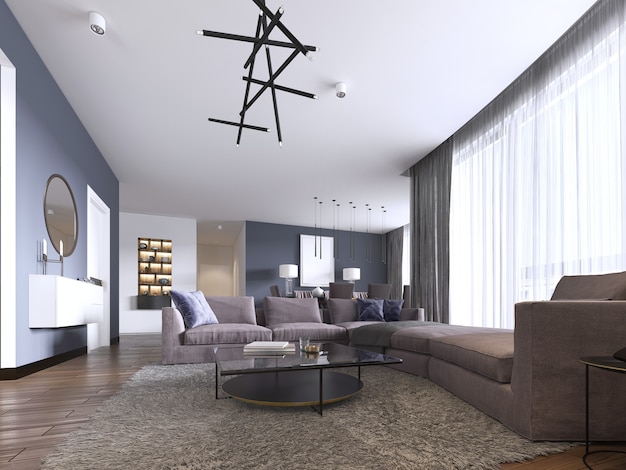 Colorful modern apartments with big corner sofa and tv storage\
and long-transparent curtains. 3d rendering.