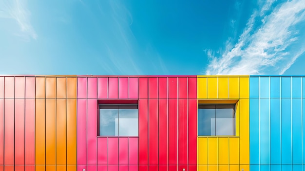 Colorful modern building facade against blue sky