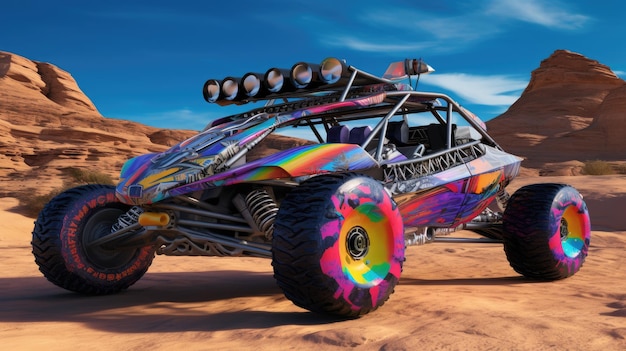 A colorful monster truck is parked in the desert.