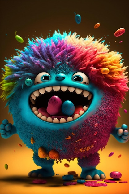 Colorful monster with lots of sprinkles on its face generative ai