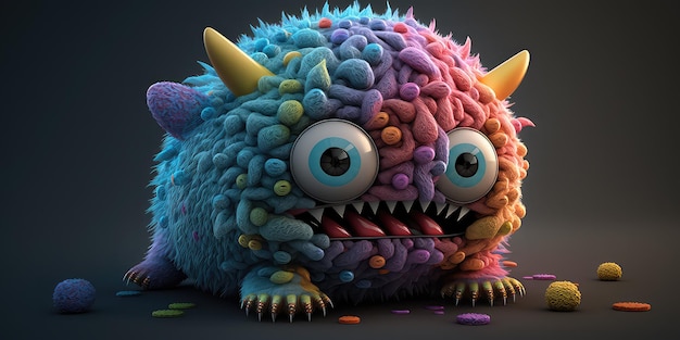 Photo a colorful monster with purple eyes and purple eyes is on a dark background