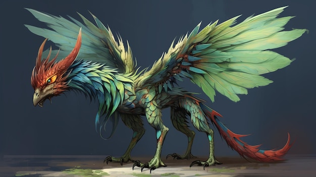 colorful monster with tied wings lifelike avian illustration in 2d game art