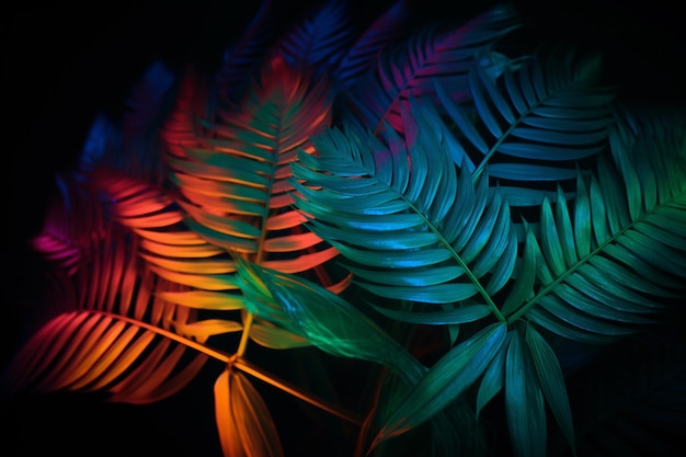 Colorful monstera leaves in neon light Colorful tropical background