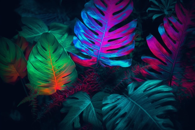 Colorful monstera leaves in neon light Colorful tropical background