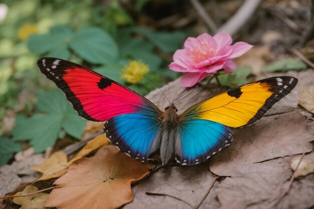 写真 鮮やかなオレンジ色のポルセランの花に色とりどりのモルフォ・バタフライ 露の滴