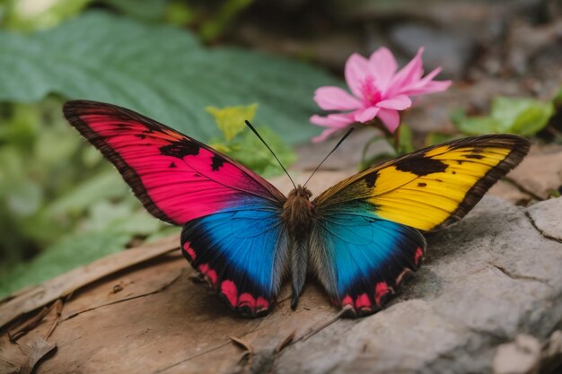 写真 鮮やかなオレンジ色のポルセランの花に色とりどりのモルフォ・バタフライ 露の滴