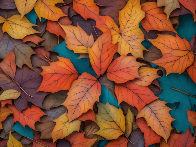 A colorful mosaic of autumn leaves rendered in a handdrawn style with intricate details