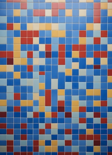 colorful mosaic pattern made of rectangular tiles in various shades of blue red yell