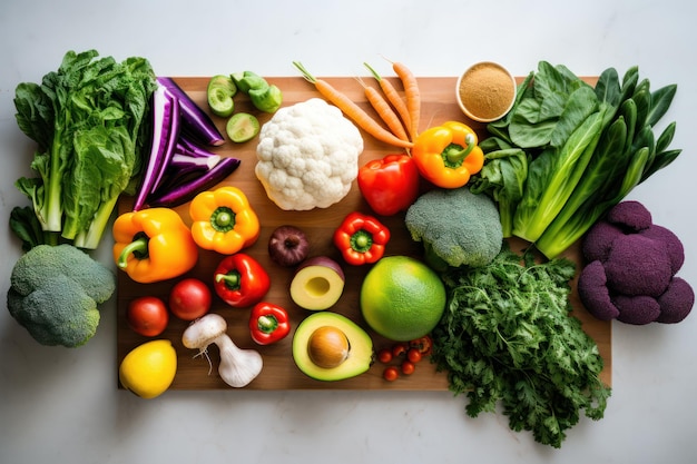 Colorful mosaic of raw organic produce in a vegetarianinspired flat lay