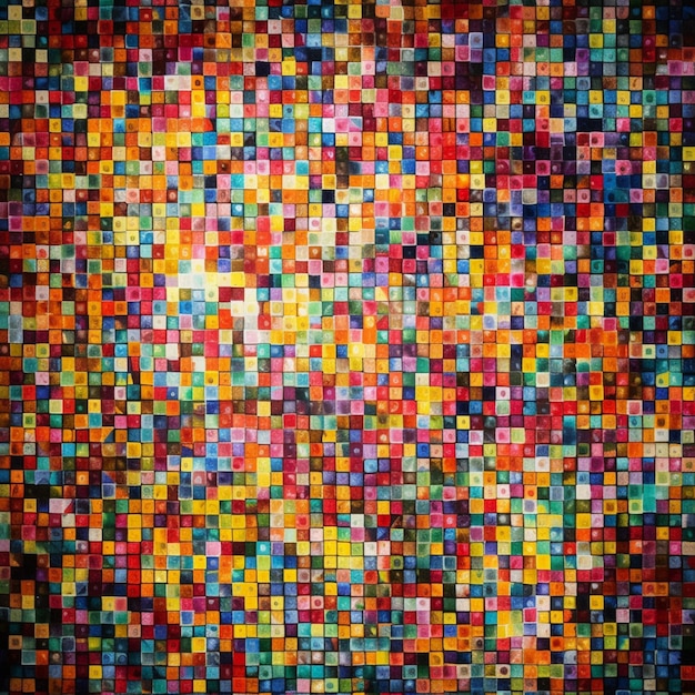 A colorful mosaic of squares is displayed in a dark room.