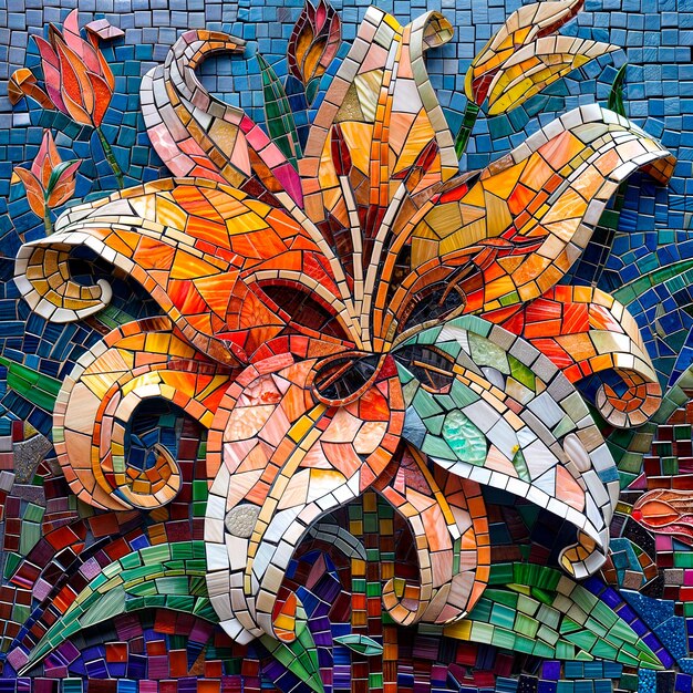 Photo a colorful mosaic wall with a flower on it