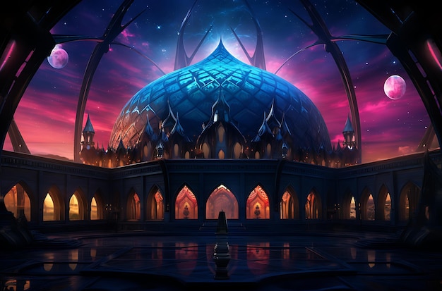 красочная мечеть ночью с огнями и неоновым генератором искусственного интеллекта