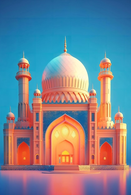 Photo a colorful mosque with a blue dome and a white roof.